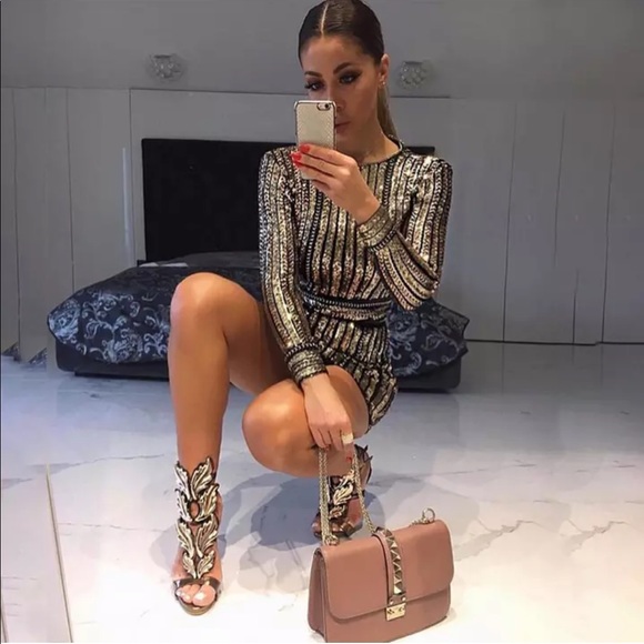 Long Sleeve Sequin Gold And Black Dress - Picture 3 of 8